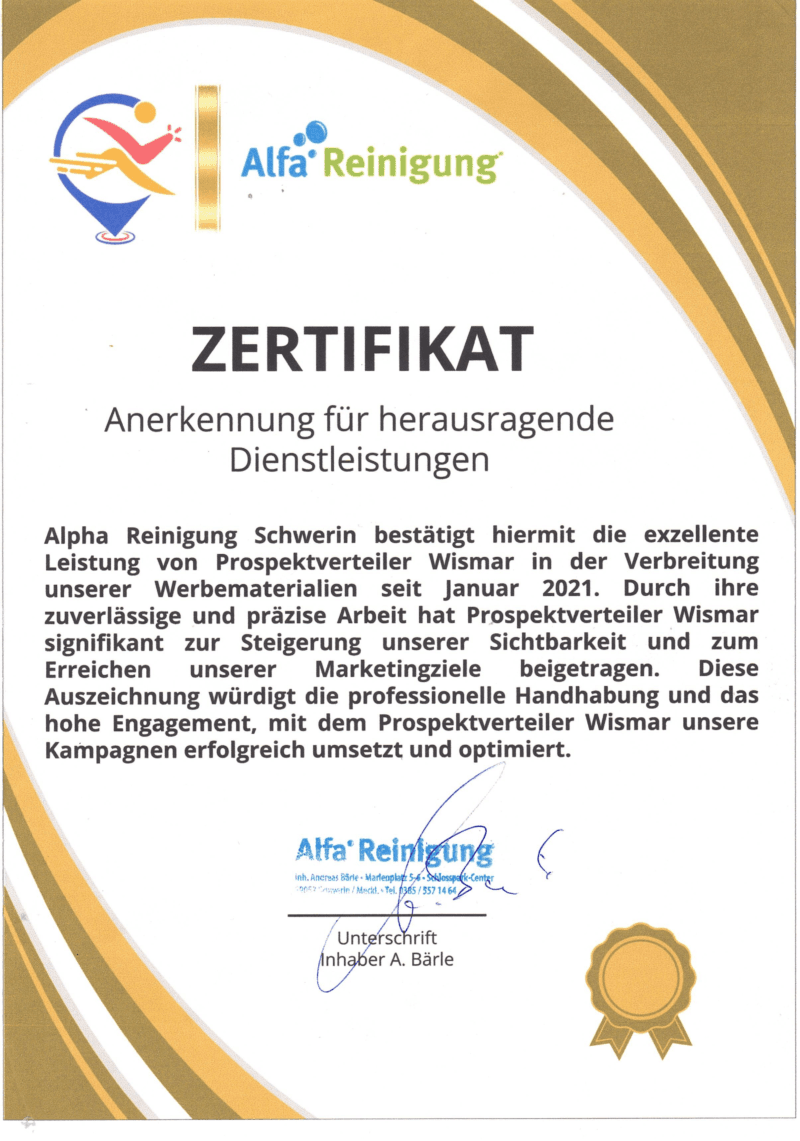 Auszeichnung Alfa Reinigung Schwerin an Prospektverteiler Wismar