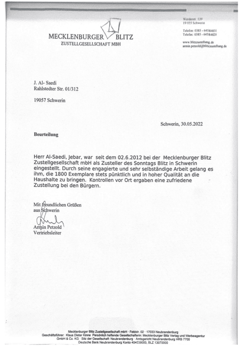 Auszeichnung Mecklenburger Blitz an Prospektverteiler Wismar