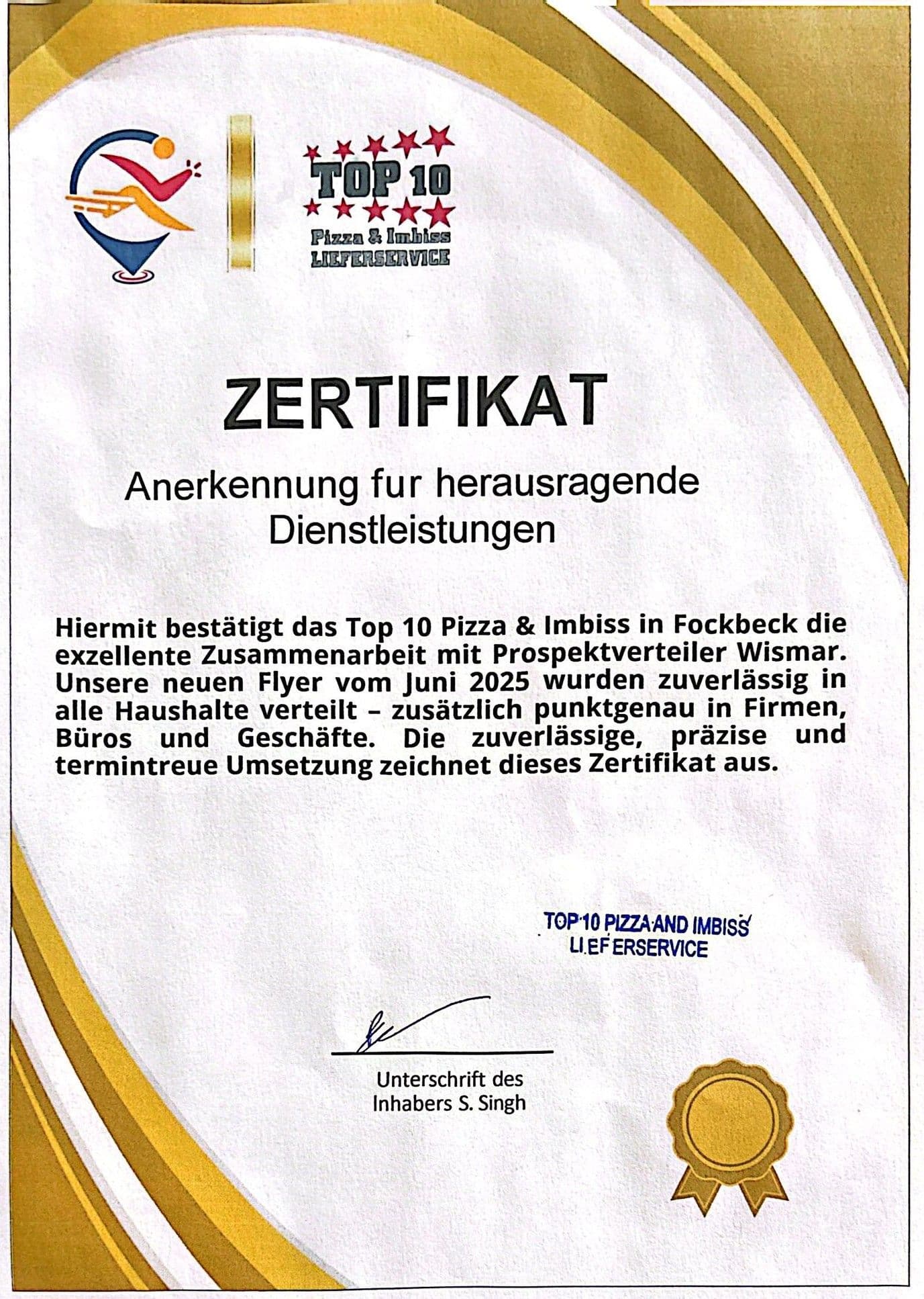 Auszeichnung Top Ten Fockbeck